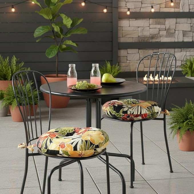 15 x 15 Round Bistro Chair Cushion, Reversible Patio Seat Cushion with Attached Ties, Polyester Fabric, Recycled Polyfiber Fill, Set of 2 - Aloha Black