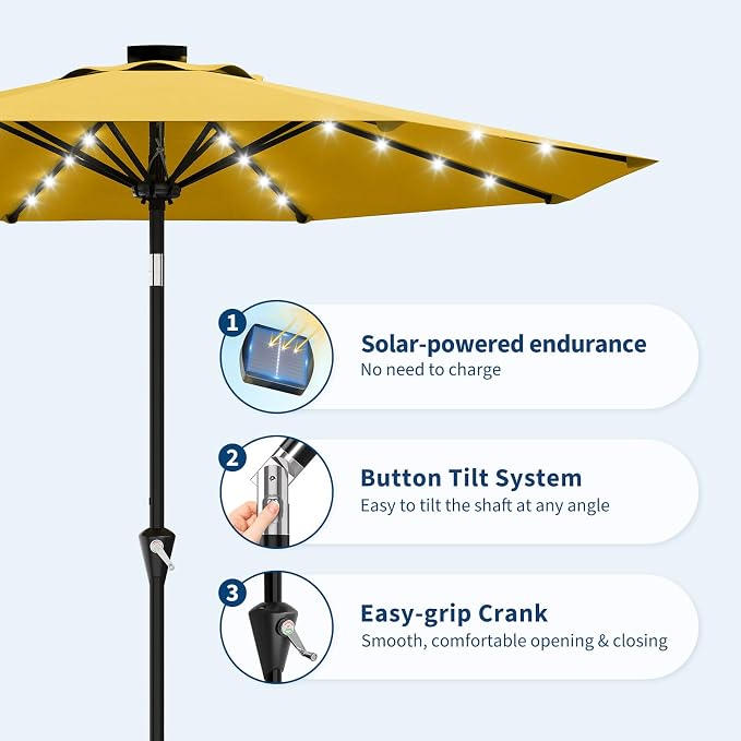Garvee patio Umbrella with Solar Lights, Outdoor Table Umbrella with 8 Durable Ribs, Tilt & Crank Mechanism, Waterproof & UV Protection for Garden, Backyard, Poolside,