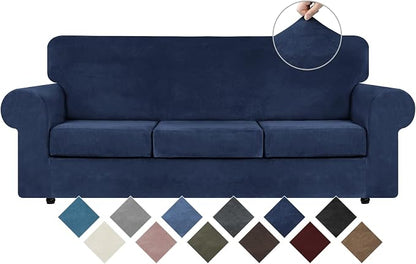 WEERRW 4 Pieces Couch Cover for Sofa Velvet Sofa Covers Washable, Navy Blue | Sofa Covers for 3 Cushion Couch Furniture Protector Sofa Slipcovers with Non Slip Elastic Bottom, Pet Friendly, Large
