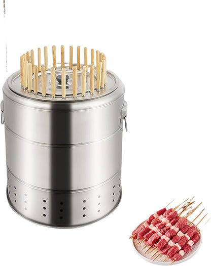 Smokeless Charcoal Hanging Grill with 28 Skewers, Portable Vertical Charcoal Smoker, Stainless Steel BBQ Grill Bucket for Camping, Picnics & Backyard Parties (28 Skewers)