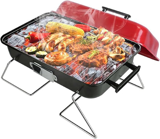 Portable Charcoal Grill Outdoor Tabletop Grill Small Barbecue Smoker Folding BBQ Grill with Lid for Backyard Camping Picnics Beach Red