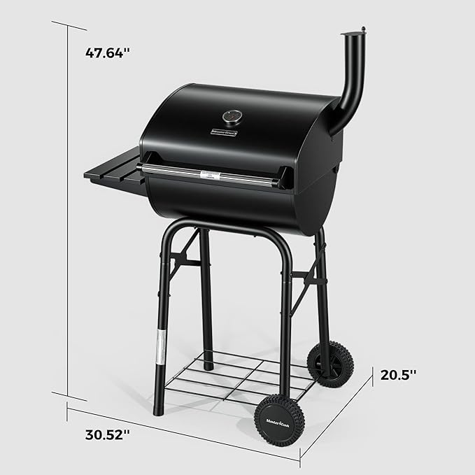 MASTER COOK Barrel Style Charcoal Grill with Side Table, Adjustable Charcoal Tray, Air Vent and Warming Rack, Smoke bbq Grill for Outdoor Patio Backyard and Camping