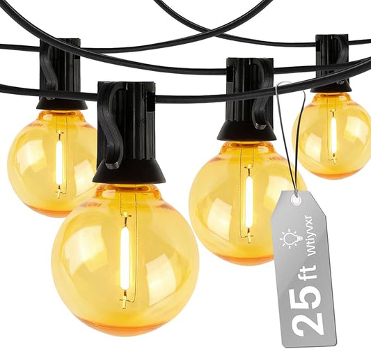 25 FT Yellow Outdoor String Lights G40 Globe Shatterproof Patio Lights,13 Plastic Edison Bulbs(1 Spare) IP65 Waterproof Dimmable LED Bulbs for Backyard Porch Balcony Party Decor, E12 Base