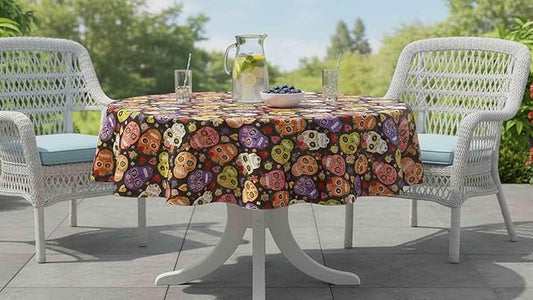 Newbridge Sugar Skull Round Vinyl Tablecloth with Flannel Backing, Waterproof Wipe Clean Table Cover for Indoor Outdoor Kitchen Dining Use, Picnic and Barbecue, 70 Inch Round