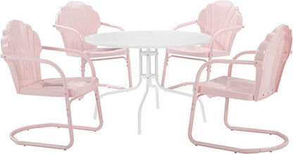 Crosley Furniture Tulip 5-Piece Outdoor Dining Set for 4, Retro Metal Round Patio Table and Chairs for Deck, Pastel Pink Gloss