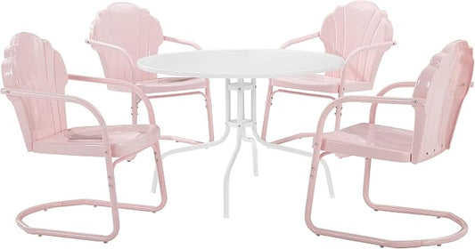 Crosley Furniture Tulip 5-Piece Outdoor Dining Set for 4, Retro Metal Round Patio Table and Chairs for Deck, Pastel Pink Gloss