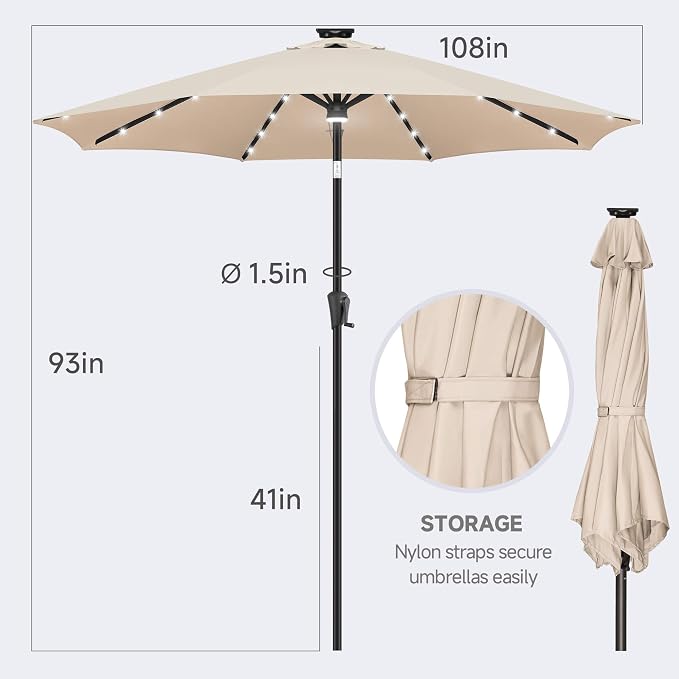 FLAME&SHADE Solar Patio Umbrella with a Centre Light, 9 FT Beige | 40 LED Lights, UV Protection, Waterproof, Porch Deck Outdoor Umbrella for Pool, Backyard, Garden, Provides Evening Lighting