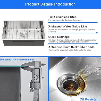 30 x 19 Inch Undermount Kitchen Bar Sink, Handmade Single Bowl 304 Stainless Steel Wet RV Sinks, Indoor and Outdoor Deep Kitchen Laundry Basin with Accessories