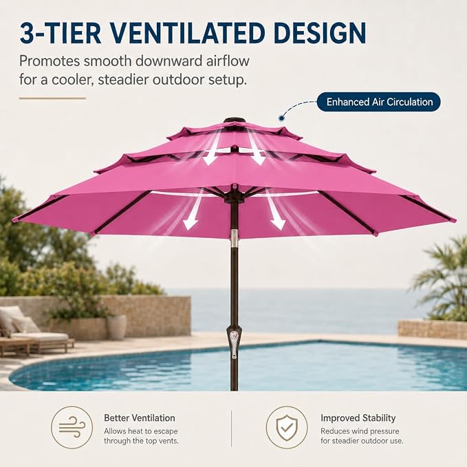 10ft Patio Umbrella, 3-Tier Vented Outdoor Table Umbrella with 8 Sturdy Fiberglass Ribs, Windproof Market Umbrella with Push Button Tilt and Crank, UV Protection for Deck, Pool, Rose Pink