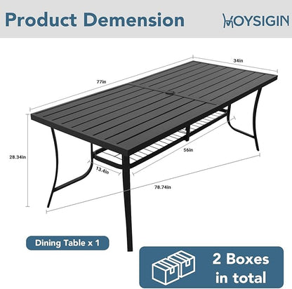 77" Extra Large Outdoor Metal Dining Table, Rectangular Wrought Iron Patio Table for 8 People, Weather-Resistant Steel Slatted Table with Umbrella Hole for Party & Backyard