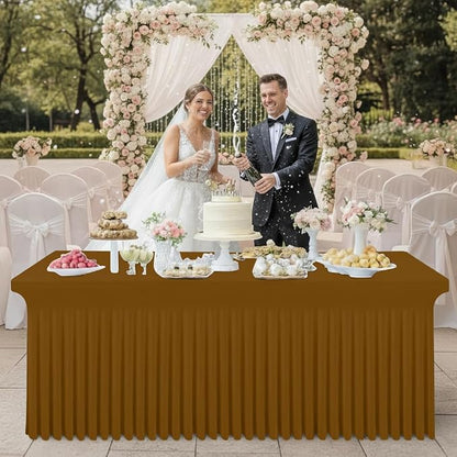 Smiry 2 Pack Spandex Elastic Fitted Table Cloth Skirt for 8FT Table | Stretch Washable Table Cloth, Banquet Table Cover for Wedding, Party, Indoor & Trade Shows, (Dark Brown, 96Lx30Wx30H)