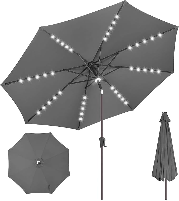 Solar Patio Umbrella with Centre Light, 10 ft Anthracite | 40 LED Lights, UV Protection, Solar Outdoor Umbrella for Porch, Deck, Pool, Table, Garden, Provides Evening Lighting