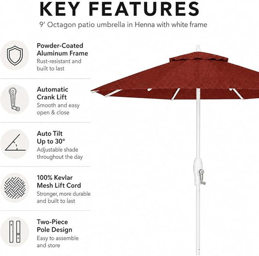 Treasure Garden 9ft Patio Umbrella - Outdoor Furniture Market Umbrella – Deluxe Auto-Tilt – White Aluminum Frame (Sunbrella, Henna)