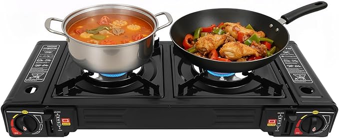 2-Burner Butane Stove, Portable Camping Stove with Grill Tray, Automatic Ignition, Outdoor Travel Camp Stove with Carry Case & Push-Button for Camping Tailgating and Outdoor Cooking
