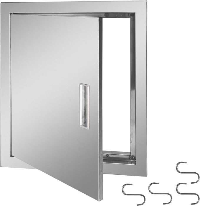 Outdoor Kitchen Door 18" W x 20" H Stainless Steel BBQ Single Access Door Flush Mount Vertical Wall Doors with Handle and Hooks Suitable for Grilling Station Outside Cabinet Outdoor Kitchen
