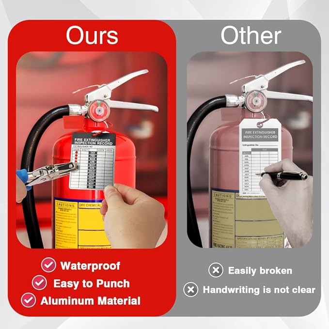 200 Fire Extinguisher Tags – Aluminum Metal Inspection Record Tags 2.2 x 3 Inch (No Zip Ties or Clips) for Monthly Inspections