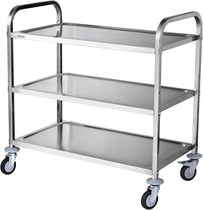 VEVOR Extra Large Utility Cart, 3 Tier Rolling Cart with Adjustable Shelf, Stainless Steel Kitchen Serving Cart with Swivel Casters Brake Wheels, Metal Food Storage Service Trolley, 37"L x 20"D x 37"H