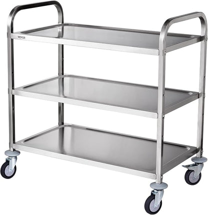 VEVOR Extra Large Utility Cart, 3 Tier Rolling Cart with Adjustable Shelf, Stainless Steel Kitchen Serving Cart with Swivel Casters Brake Wheels, Metal Food Storage Service Trolley, 37"L x 20"D x 37"H