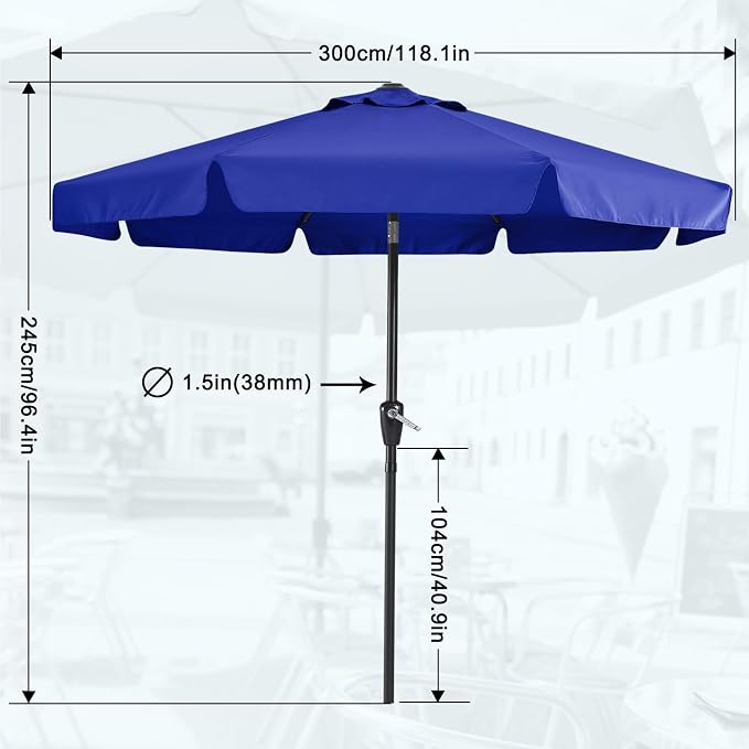 MASTERCANOPY 10ft Patio Umbrella with Valance, Crank & Tilt, Blue | 8 ribs, UV/fade-resist, waterproof, vent, for garden/deck/yard/pool