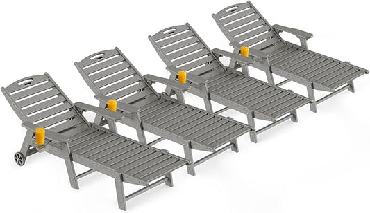 Ciokea Outdoor Lounge Chair Set of 4, All Weather Patio Chaise Lounge Chairs for Outside, HDPE Chair with Rolling Wheels & Cup Holder, 5 Position, Deck, Pool, Grey