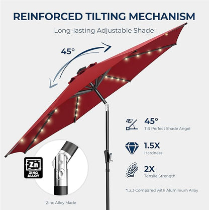 HOMSHADE 9ft Solar Patio Umbrella - Solar Lights LED Lighted Outdoor Market Table Umbrella, UPF50+ UV Protection with Push Button Tilt, Crank for Pool Deck and Garden (Burgundy Red)