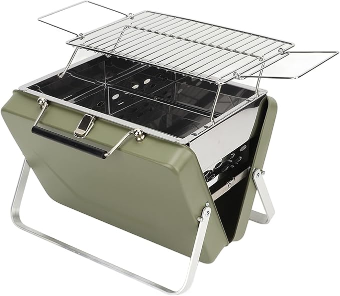 Yinhing Portable Charcoal BBQ Grill Folding Notebook Design for Convenient Outdoor Cooking for Camping Backyard Parties and Picnics Compact and Lightweight Green Grill for Easy Transport a (Green)