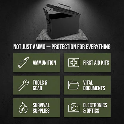 Lockable Metal Ammo Storage Box - Military & Army Steel Ammo Can for Ammunition Storage - Waterproof Ammo Crate Utility Box