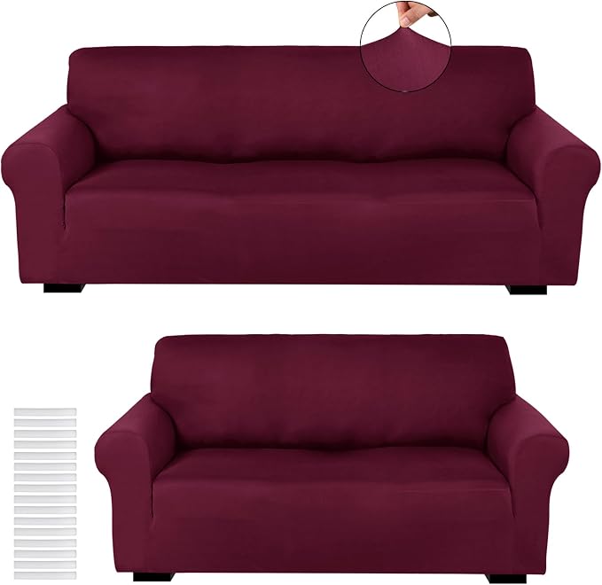 Peryiter 2 Pcs Couch and Loveseat Sofa Covers,Burgundy,Milk Silk | Armchair Covers for Living Room, Sofa Cushion Slipcover 2/3 Seater, Furniture Protector, Polyester and Spandex, Washable