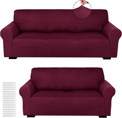 Peryiter 2 Pcs Couch and Loveseat Sofa Covers,Burgundy,Milk Silk | Armchair Covers for Living Room, Sofa Cushion Slipcover 2/3 Seater, Furniture Protector, Polyester and Spandex, Washable