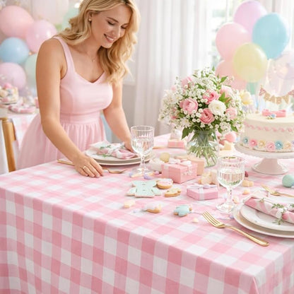 B-COOL Pink Plaid Tablecloth Easter Checkered Tablecloth Fabric Pink and White Gingham Flag Table Cover for Parties, Valentines, Race Car Birthday Party, Birthday, Outdoor Picnic, 56x84inch
