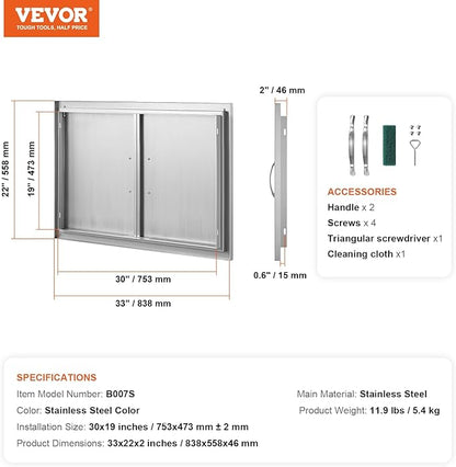 VEVOR BBQ Access Door, 33W x 22H Inch Double Outdoor Kitchen Door, Stainless Steel Flush Mount, Wall Vertical with Handles, for BBQ Island, Grilling Station, Outside Cabinet