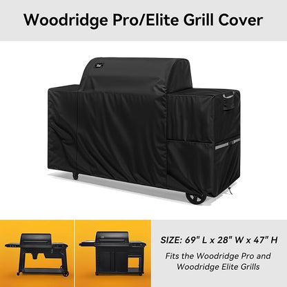 Waterproof Full-Length All Weather Grill Cover Accessory for Traeger Woodridge Pro and Woodridge Elite Pellet Grills,Tear & Fade Resistant Windproof Grill Cover with Buckle,Drawstring,Black
