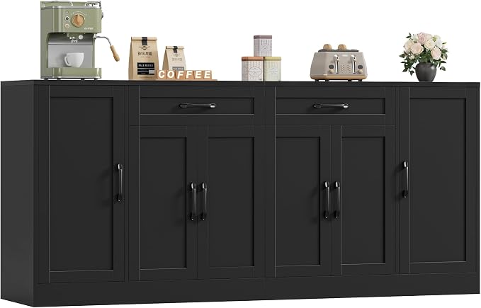 71” Large Buffet Cabinet with Storage, Sideboard Buffet Cabinet with Adjustable Shelves and 6 Soft-Close Doors, Wood Coffee Bar Console Table for Kitchen, Dining Room, Black | Sideboard 6 Soft-Close Doors, Wood Coffee Bar Console Table for Kitchen, Din...