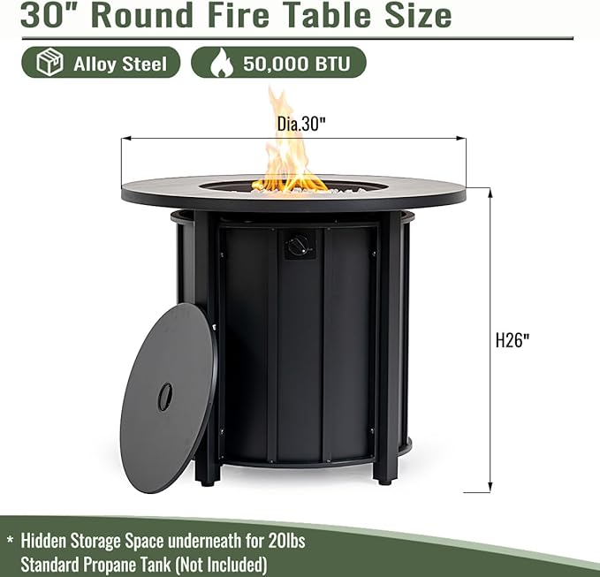 KEIKI 30 Inch Ceramic Top Propane Fire Pit Table, Round Outdoor Gas Fireplace, Steel Patio Heater for Backyard Garden