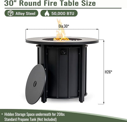 KEIKI 30 Inch Ceramic Top Propane Fire Pit Table, Round Outdoor Gas Fireplace, Steel Patio Heater for Backyard Garden