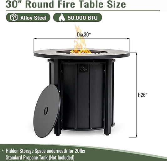 KEIKI 30 Inch Ceramic Top Propane Fire Pit Table, Round Outdoor Gas Fireplace, Steel Patio Heater for Backyard Garden