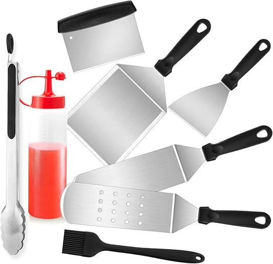 8Pcs Griddle Accessories Kit for Blackstone, Joyfair Flattop Grilling Accessory Tool Set with Stainless Steel Burger Spatula Turner, Metal Flipper, for Outdoor BBQ Teppanyaki Hibachi, (PP Handles)