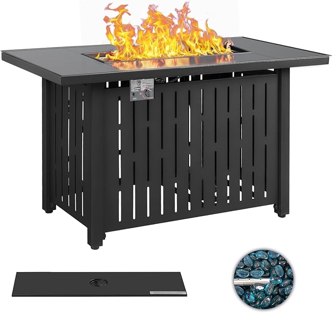 Greesum 43 Inch Outdoor Gas Fire Pit Table, 50,000 BTU Steel Propane Firepit with Wind Guard and Blue Glass Rock, Add Warmth and Ambience to Parties On Patio Garden Backyard, Black