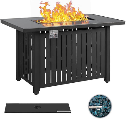 Greesum 43 Inch Outdoor Gas Fire Pit Table, 50,000 BTU Steel Propane Firepit with Wind Guard and Blue Glass Rock, Add Warmth and Ambience to Parties On Patio Garden Backyard, Black