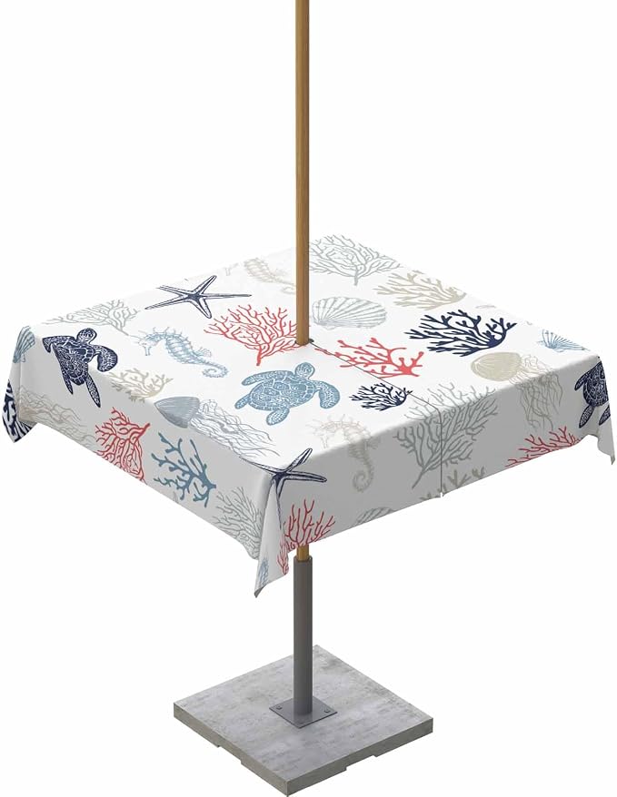 Blue Red Coastal Outdoor Tablecloth - 60x60 Inch Square Waterproof Dining Table Cover, Nautical Summer Beach Coral Sea Turtle Outdoor Table Cloth with Umbrella Hole & Zipper for Patio