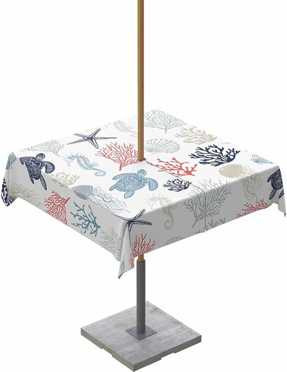 Blue Red Coastal Outdoor Tablecloth - 54x54 Inch Square Waterproof Dining Table Cover, Nautical Summer Beach Coral Sea Turtle Outdoor Table Cloth with Umbrella Hole & Zipper for Patio