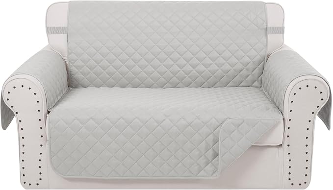 Reversible Loveseat Couch Sofa Covers, 2-Seater, Light Grey | Loveseat Covers for Dogs Water Repellent, Friendly Furniture Protector with Elastic Straps for Living Room