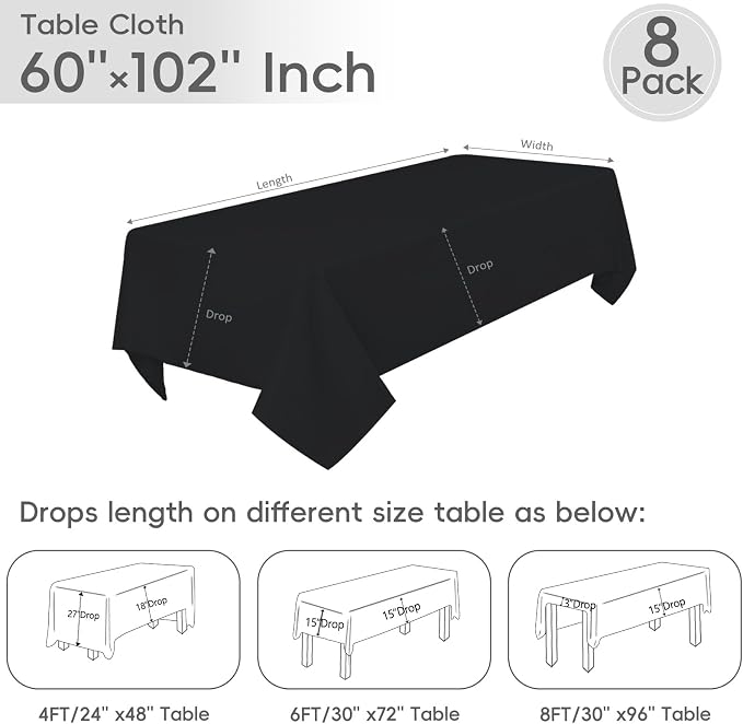 8 Pack Black Tablecloth 60 x 102 Inch Polyester Table Cloth for 6 Foot Rectangle Tables, Wrinkle Resistant Washable Decorative Fabric Table Covers for Wedding Party Banquet Buffet and Camping | Wrinkle Resistant, Washable Polyester Fabric, Rectangular ...