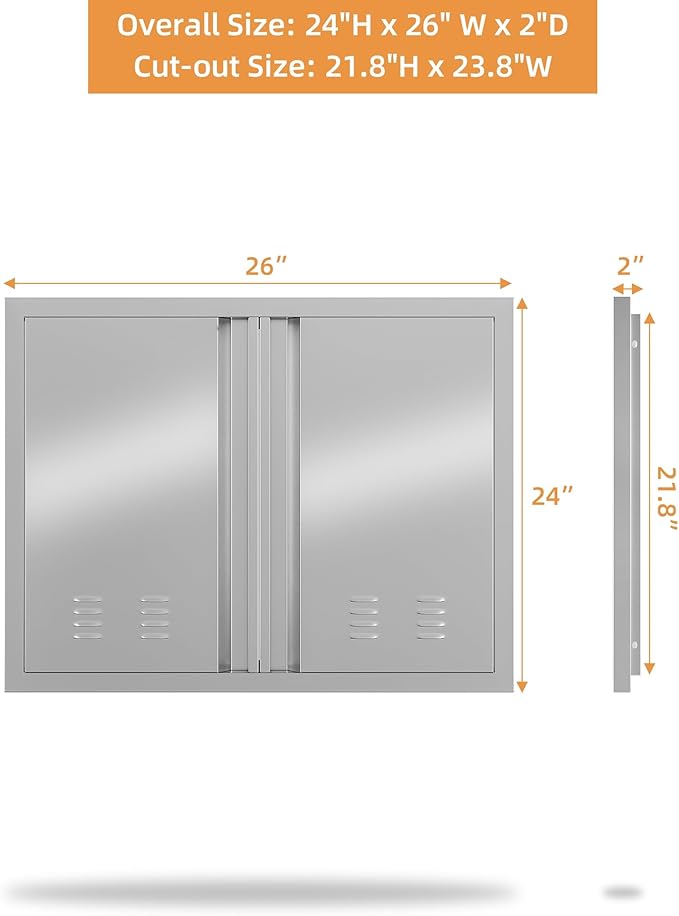 26W x 24H Inch Outdoor Kitchen Doors, 304 Stainless Steel BBQ Access Door with Recessed Handle & Ventsfor for BBQ Island, Grilling Station, Outside Cabinet, Silver
