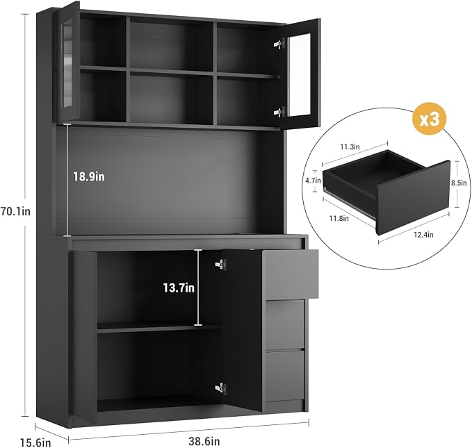 71" Kitchen Pantry Cabinet,Tall Storage Cabinet with Shelves Adjustable | Kitchen Storage Hutch with Microwave Shelf,Coffee Bar,Led Lights&Charging Station,Corner Pantry Cabinet for Living Room