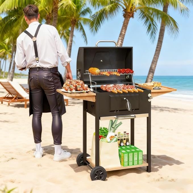 Portable Charcoal Grill for Outdoor Cooking, BBQ Smoker Grill Combo with Adjustable Charcoal Pan, Side Table, Thermometer & Wheels, Easy Clean Ashtray, Outdoor Grills & Smokers for Camping and Backya