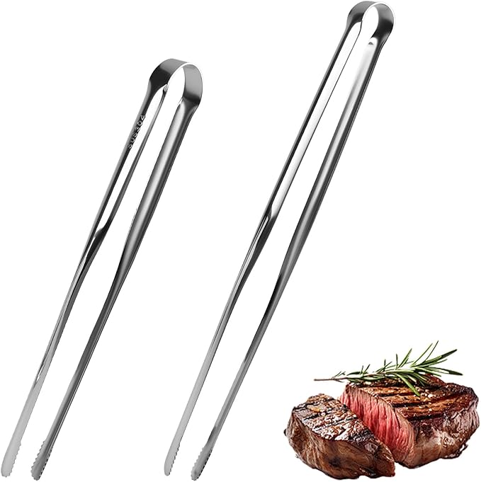 2 PCS Stainless Steel Korean BBQ Tongs 9.25&11.22 ‘’,Narrow Grill Cooking Tongs Non-Slip,Heavy Duty BBQ Heat-Resistant Kitchen Tongs for Korean Grill Camping Buffet Salad