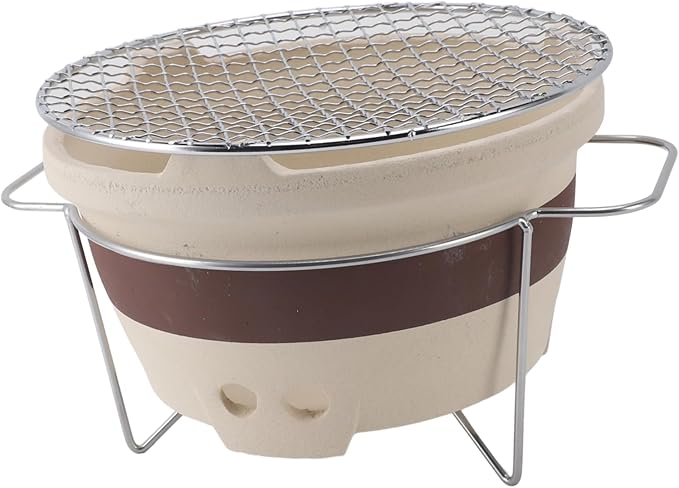 Asixxsix Tabletop Charcoal Grill, 24x24x14.5cm Mini Clay Charcoal Stove Portable Hibachi Grill, Japanese Style Barbecue Stove with Mesh Mat for Indoor Outdoor Camping Picnic