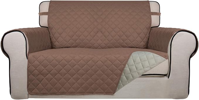 PureFit Reversible Quilted Sofa Cover, Water Resistant Medium Slipcover Furniture Protector, Washable Couch Cover with Non Slip Foam and Elastic Straps for Kids, Dogs, Pets (Loveseat, Brown/Beige) | Brown/Beige, Water Resistant Couch Protector, Washabl...