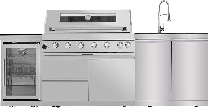 6 Burner Outdoor Kitchen Island with Grill, 85000 BTU Deluxe Stainless Steel Modular Outdoor Kitchen, Gas Propane BBQ Island with Refrigerator, 2 Doors Sink, Rotisserie, Storage Cabinet, Silver